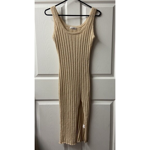 Jean Crumm Strappy Bodycon Midi Tank Dress Size Medium Tan Knit Swim Coverup - Picture 2 of 6